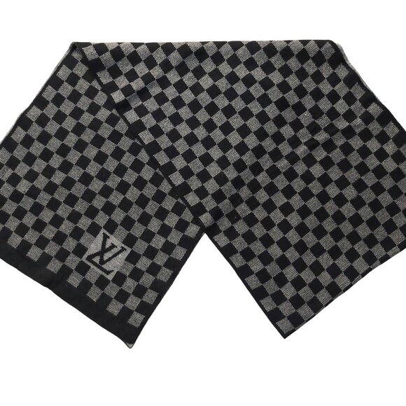 LOUIS VUITTON Black Gray Reversible Cashmere Damier Scarf Pre-Owned - Picture 3 of 13